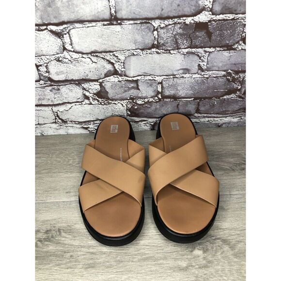 Fitflop F-Mode Brown Leather Flatform Cross Strap Slides Women’s Sz 10M US/42EU - Picture 2 of 16